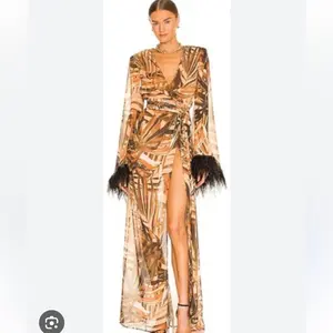 BRONX AND BANCO Geisha  Kenya Kimono Dress in Printed Silk with Ostrich Feathers