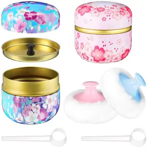 1Set Body Powder Puff and Container, 2 Soft Puffs 2 Spoon and 2 Dusting Loose Powder Container for Women Home and Travel Use