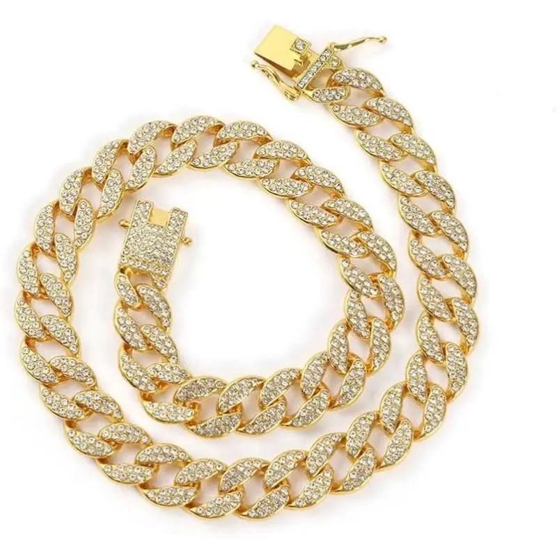 Bling Rhinestone Cuban Link Dog Collar - Gold 16'' (Max Neck 15''), Zinc Alloy Chain, Lightweight Portable Durable Elegant Comfortable Pet Neck Accessory, Not Adjustable, Not Easy to Rust, Ideal for Small-Large Dogs, Birthday Gift