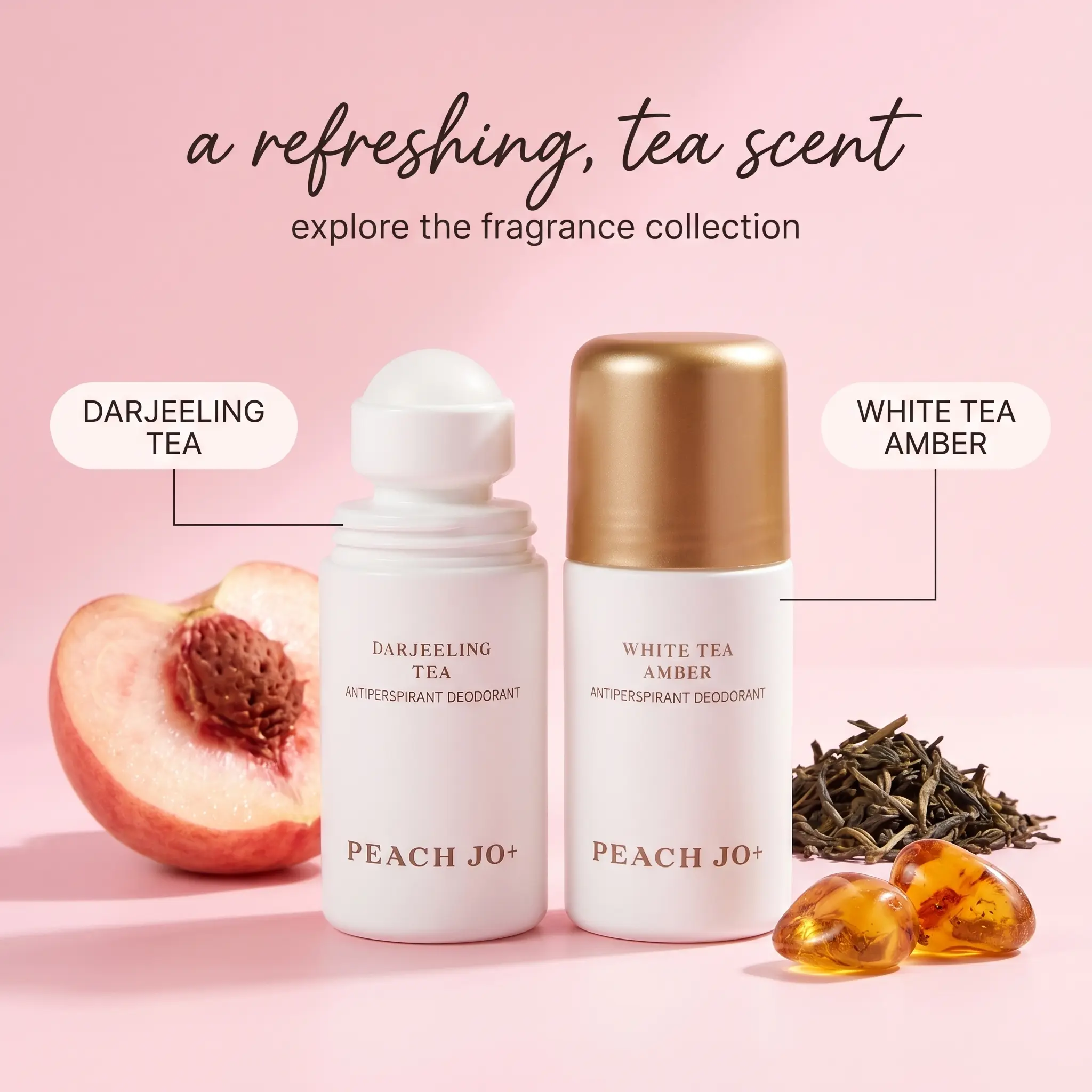 PEACH JO+ Women's 3-Pack Antiperspirant Roll-On Deodorants, 24-Hour Protection, Body Care, Long Lasting Fresh Scent, White Tea Amber, Osmanthus & Darjeeling Tea Fragrances, 3 x 50ml