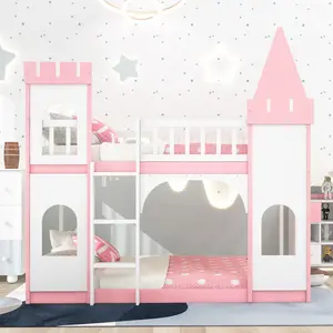 Twin Size Loft Bed Low Bunk Bed, Castle Shaped Wood Bed Frames with Safety Guardrails, Toddler Bunk Montessori Bed with Ladder for Kids Boys or Girls, Twin Over Twin, Pink