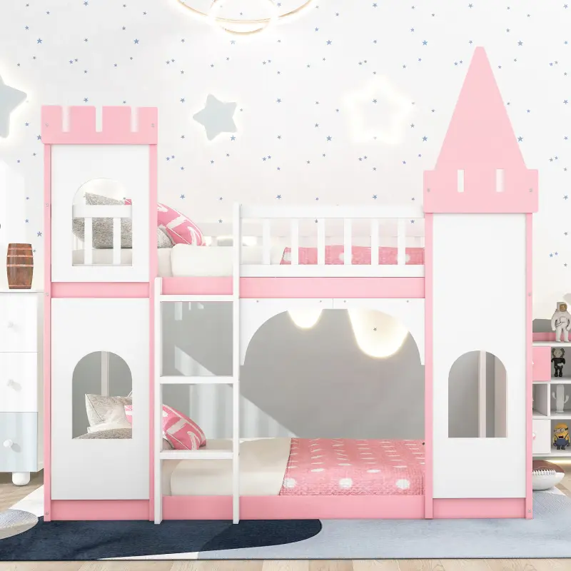 Twin Size Loft Bed Low Bunk Bed, Castle Shaped Wood Bed Frames with Safety Guardrails, Toddler Bunk Montessori Bed with Ladder for Kids Boys or Girls, Twin Over Twin, Pink