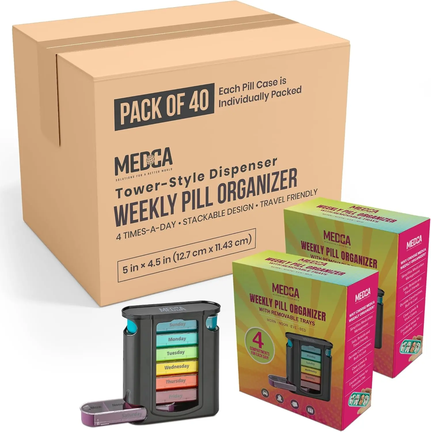 40-Pack Black Weekly Pill Organizer - 1 Dispenser with 7 Stackable Compartments for 4 Daily Doses (Morning, Noon, Evening, Bedtime)