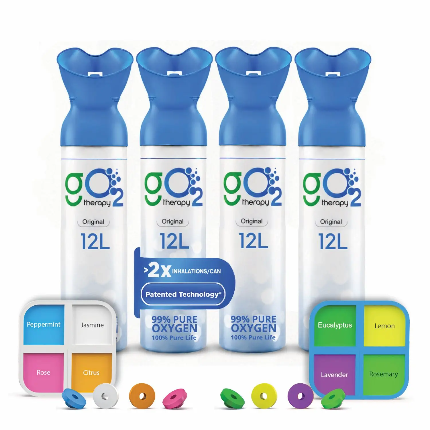 12L Portable Oxygen Canister with 8 Fragrance Option – Single Mouth & Nose Mask – Supplemental Oxygen for Sports, Travel, Altitude & Fitness Activities – Up to 450 Inhalations (4 Pack)