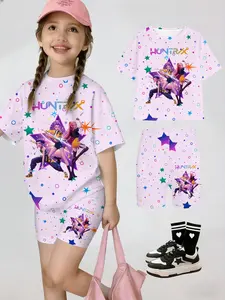 Girls' Summer Kpop Series T-Shirt Shorts Set, Casual Outfit Set, Dot Battle Girl Group Print, Casual Streetwear, Perfect Gift for Kids