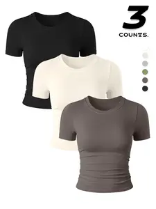 Women's Casual Round Neck Short Sleeve T-Shirt Set, High Elasticity Tight Fit Gym Tops, All Season Sportswear, Pack of 3