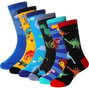 L-SOK052   Boys Socks Kids Funny Cotton Novelty Crew Cartoon Space Dinosaur Crazy Socks 6 Pairs