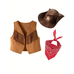[Western Cowgirl Kids Set] 3pcs Western Cowgirl Kids Boys Girls Western Cowboy Cowgirl Cow Print Waistcoat Tops with Bandanna Hat Set 70s Fancy Dress Set with Fringe Vest Cowgirl Hat Red Bandana