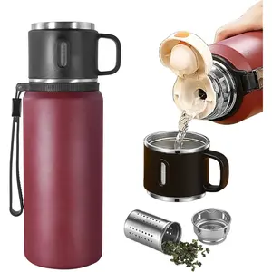 Stainless Steel Insulated Bottle 20oz with Cup Vacuum Insulated Water Bottle Thermo for Hot Cold Drinks Portable Flasks Tumbler Mug Drinkware Containers Travel Vacuumflask Insulation Pour Wide Mouth Lid Black Bottled Leakproof