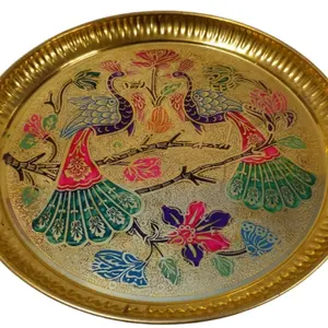 Hand Painted Round Thali in Brass with Decorative Design Featuring peacock  and Floral Elements - vibrant colors for special occasions .