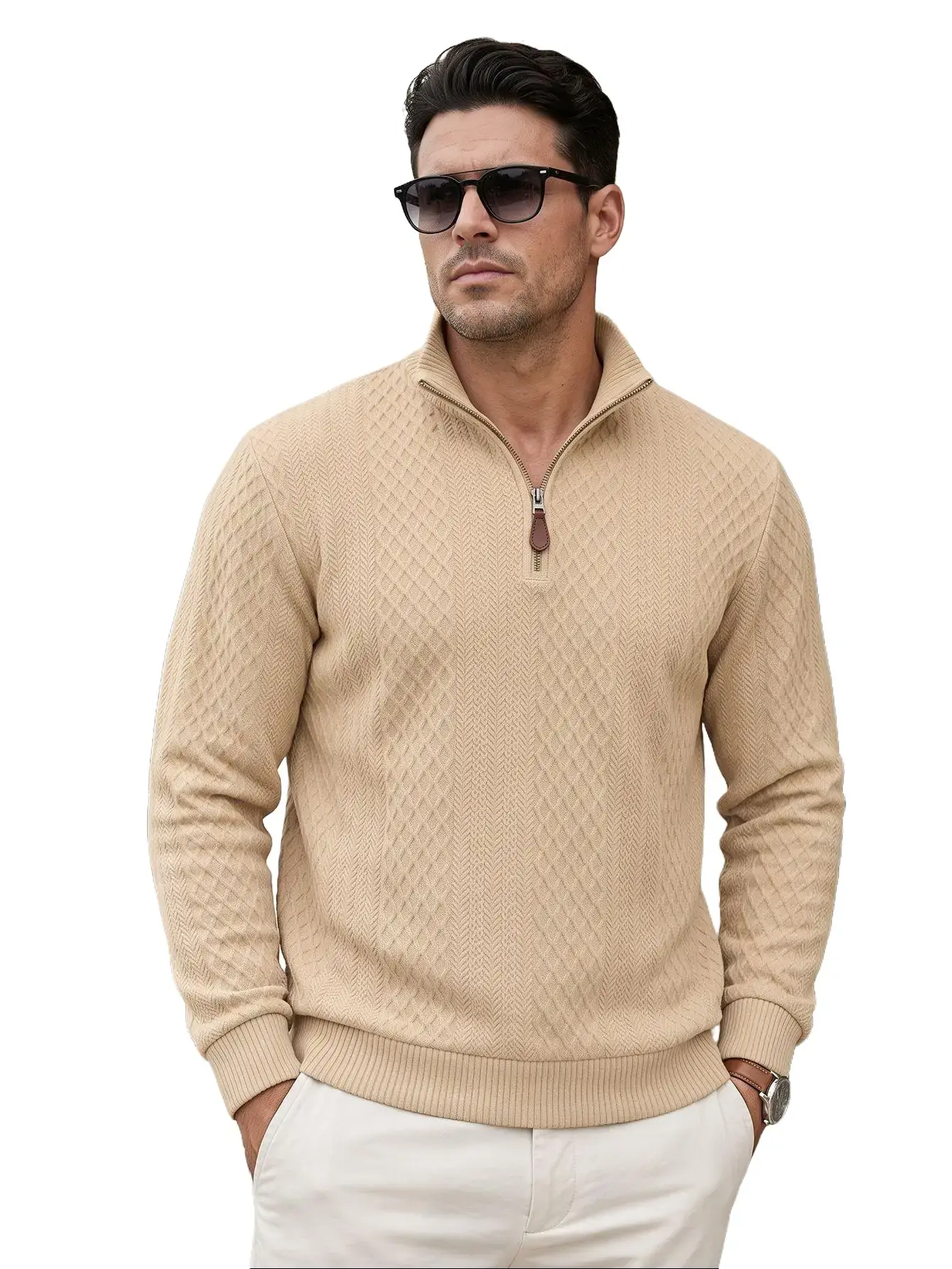 Men's Quarter Zip Pullover Sweatshirt, Soft Diamond Jacquard Stand Collar Sweater with Faux Leather Zipper Pull, Smart Casual Fall Winter Top