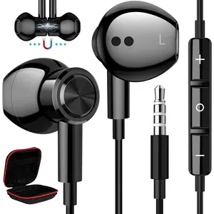 3.5mm Headphones Wired Earbuds with Microphone Noise Canceling Earphone HiFi Stereo Clear Magnetic Semi Plug in Ear Buds for Samsung A25 A15 A03s S10 A12 Note 9 Moto Nintendo Switch Kindle MP3 Black
