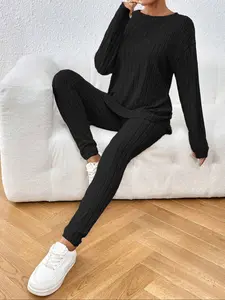 Women's Plain Color Fall Winter Fashion Casual Round Neck Ribbed Fitted Slim Fit Long Pants Top Set, 2 Piece for Comfortable Style