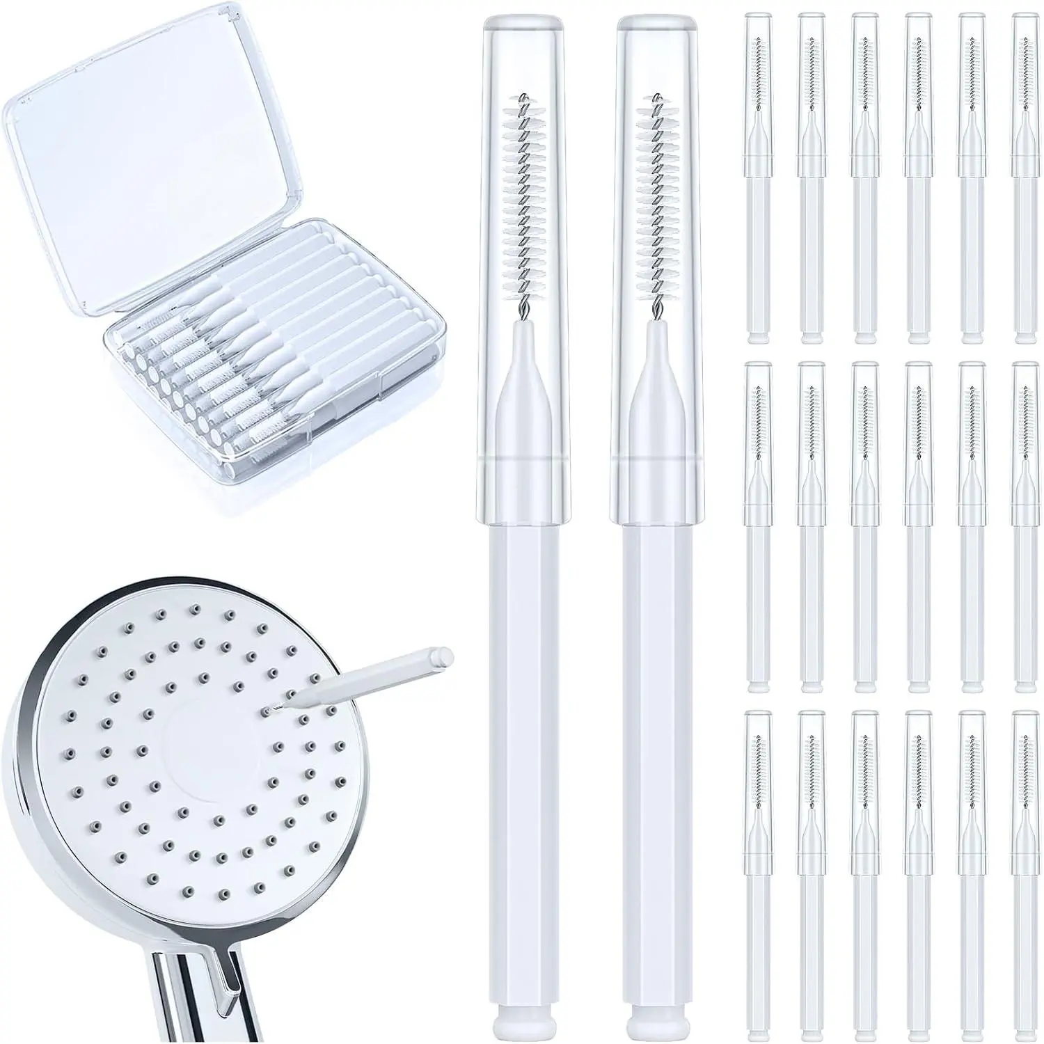 Shower Head Cleaning Brush for Small Hole,Multifunctional Shower Head Cleaner Tool Anti-Clogging Nozzle with Storage Boxes, Showerhead Cleaning Brushes Picks for Household Bathroom, White