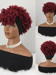 Burgundy Curly Wig with Solid Headwrap, Synthetic Hair, Easy Wear Turban Style, All Seasons, Women's Fashion Accessory