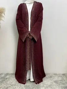Women's Rhinestone Decor Belted Abaya, Modest Long Sleeve Open Front Abaya for Daily Wear, Women's Islamic Clothing for Spring & Fall, Abayas For Eid