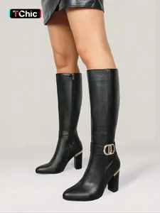 Women's Metal Buckle Pointed Toe High Heel Long Boots, Vintage Fashion Chunky Sole Knee-High Booties for Fall & Winter