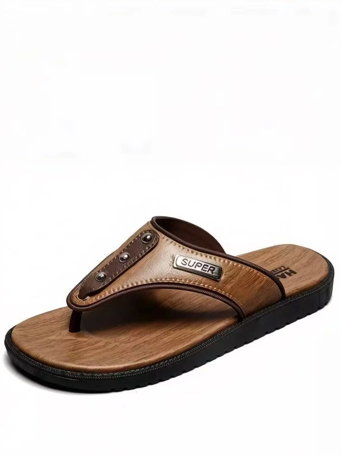 Men's Breathable Flip-Flops, Comfortable One-Step Sandals for Summer, Casual Beach Shoes, Casual PU Leather Toe-Open Slides, Medium Width, Less Than Ankle Height, Footwear for Beach