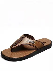 Men's Breathable Flip-Flops, Comfortable One-Step Sandals for Summer, Casual PU Leather Toe-Open Slides, Medium Width, Less Than Ankle Height