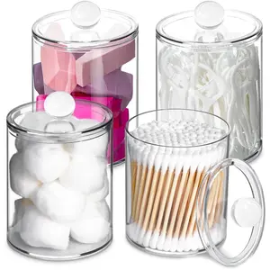 LMMAKE Bathroom Vanity Countertop Canister Jars with Storage Qtip Holder Makeup Organizer for Cotton Balls Swabs Pads Bath Salts 10 oz Durable Transparent Plastic Airtight Stackable Design Apothecary Magic Bamboo Bottles Tin
