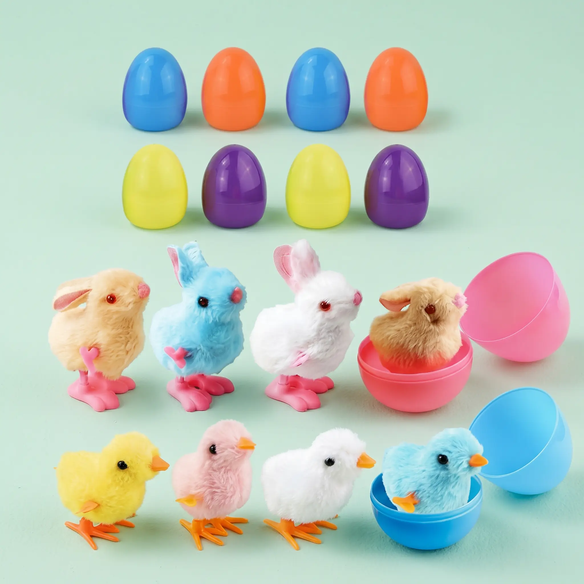Summervibes 8PCS Eggs Filled with Wind-Up Toys Colorful Egg with Wind-Up Jumping Chicks & Bunnies for Kids Basket Stuffer Party