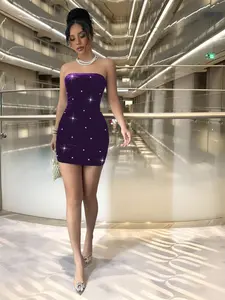 Purple Velvet Mini Dress - Strapless Pearl Bodycon for Parties