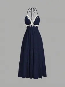 Women's Shell Decorated Tie Waist Midi Dress, Party Dress, Elegant Long Sleeve A-Line Skirt, Perfect for Casual & Formal Wear