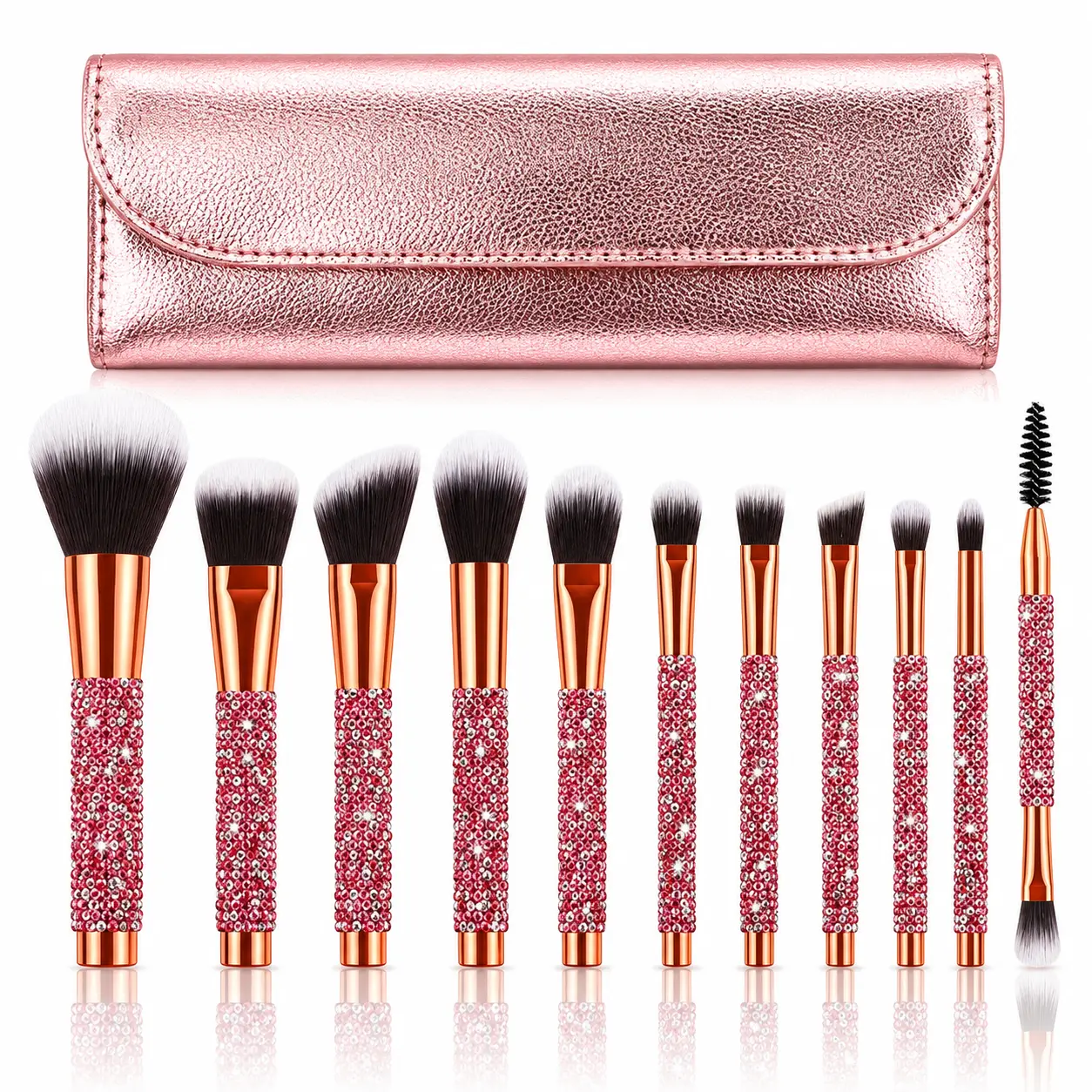 10PCS Pink Rhinestone Makeup Brush Set | Rose Gold Glitter Crystal Handle Soft Cosmetic Brushes with Travel Bag | Portable Beauty Makeup Tools Kit