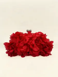 Elegant Red Floral Petal Satin Evening Clutch Bag – Double Chain Design, Handheld & Crossbody, Perfect For Prom, Spring Weddings, Parties, Cocktail Events, Vacation Looks, Graduation, Gender Reveal Party And Formal Occasions summervibes