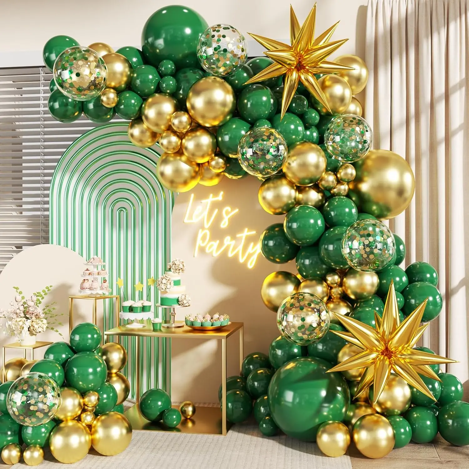 Green and Gold Balloon Garland Arch Kit, 140Pcs Emerald Green Gold Confetti Balloons With Stars for Birthday Wedding Birdal Shower Christmas Graduation Party Decorations