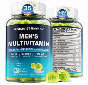 Methylated Multivitamin for Men Gummies, BCAA Amino Acids, Zinc, Daily Vitamin A C D3 E K2 B Complex, Calcium, Magnesium, Lycopene, Digestive Enzymes - Energy, Immune, Muscle- Sugar Free, Vegan, 60Cts
