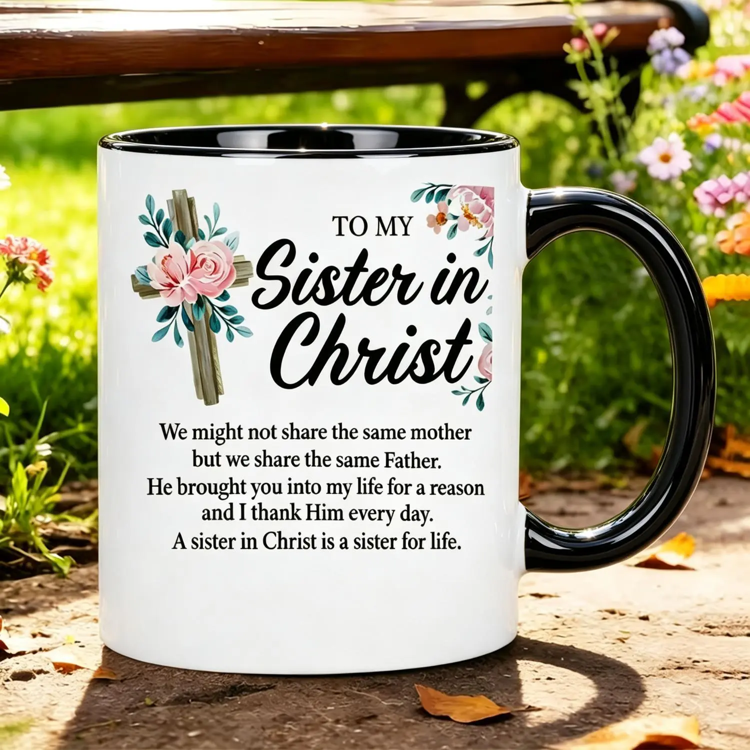To My Sister In Christ Ceramic Mug with Floral Wooden Cross & Rim - 11oz Reusable Coffee Cup Suitable for Mother's Day Gifts Birthdays Christmas Gifts for Parents Sisters Dishwasher Safe Faith