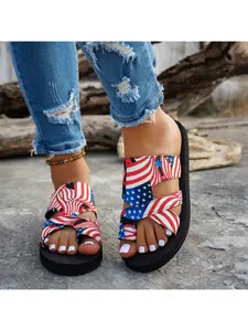 Vintage Patriotic Bohemian Print Thick Sole Women Sandals, Trendy Independence Day & Music Festival Summer Fashion Shoes, Comfortable and Stylish Footwear