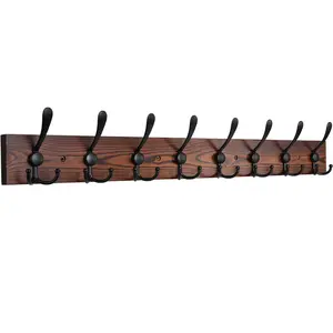 Wall Mounted Coat Rack, 31-2/5'' Long, Entryway Hanging Coat Rack, Metal Wood Coat Rack with 8 Black Rustic Tri-Hooks Rail for Coat, Bag, Towel, Key, Hat, Umbrella