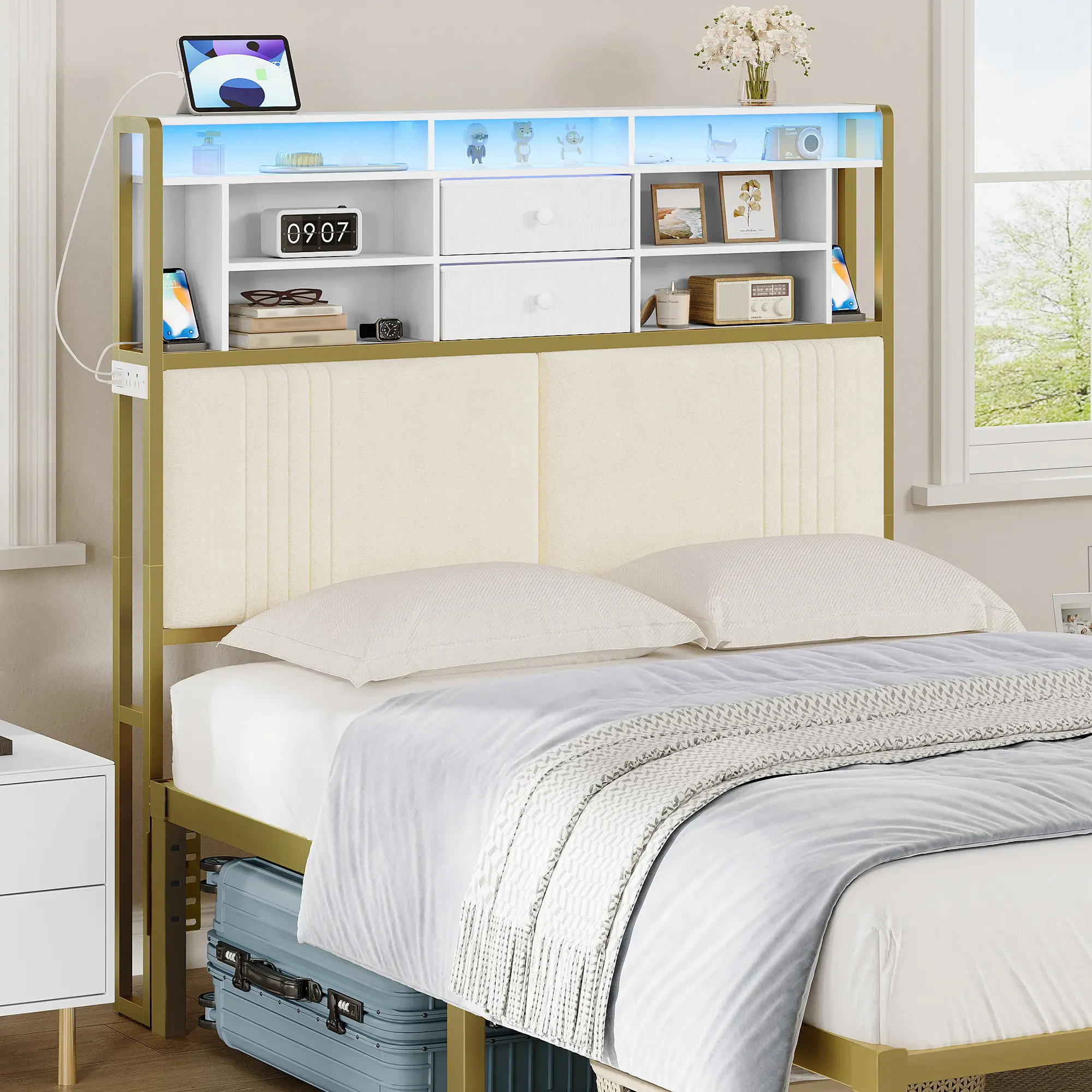 Hzuaneri Headboard with 3-Tier Storage Shelves, Velvet Upholstered Headboard with Outlet, 2 USB Ports & LED Light, Headboards Full Size Bed with Two Fabric Drawers