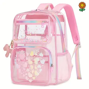 DZP-Girly Trendy Item, Transparent High Quality Backpack for Girls, Durable PVC Transparent Backpack, Stadium Activity, Zipper Closure, Heart-shaped Print Transparent School Bag, Best Back-to-school Gift