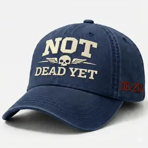 NOT DEAD YET Skull Wings Vintage Washed Baseball Cap, Funny Quote Dad Hat, Navy Blue Adjustable Cotton Hat DD-214 Military Style