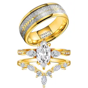 vowsering 1.5CT Marquise CZ Wedding Ring Set for Women & Men Yellow Gold Plated Bridal Couple Rings Tungsten Ring Wedding Band