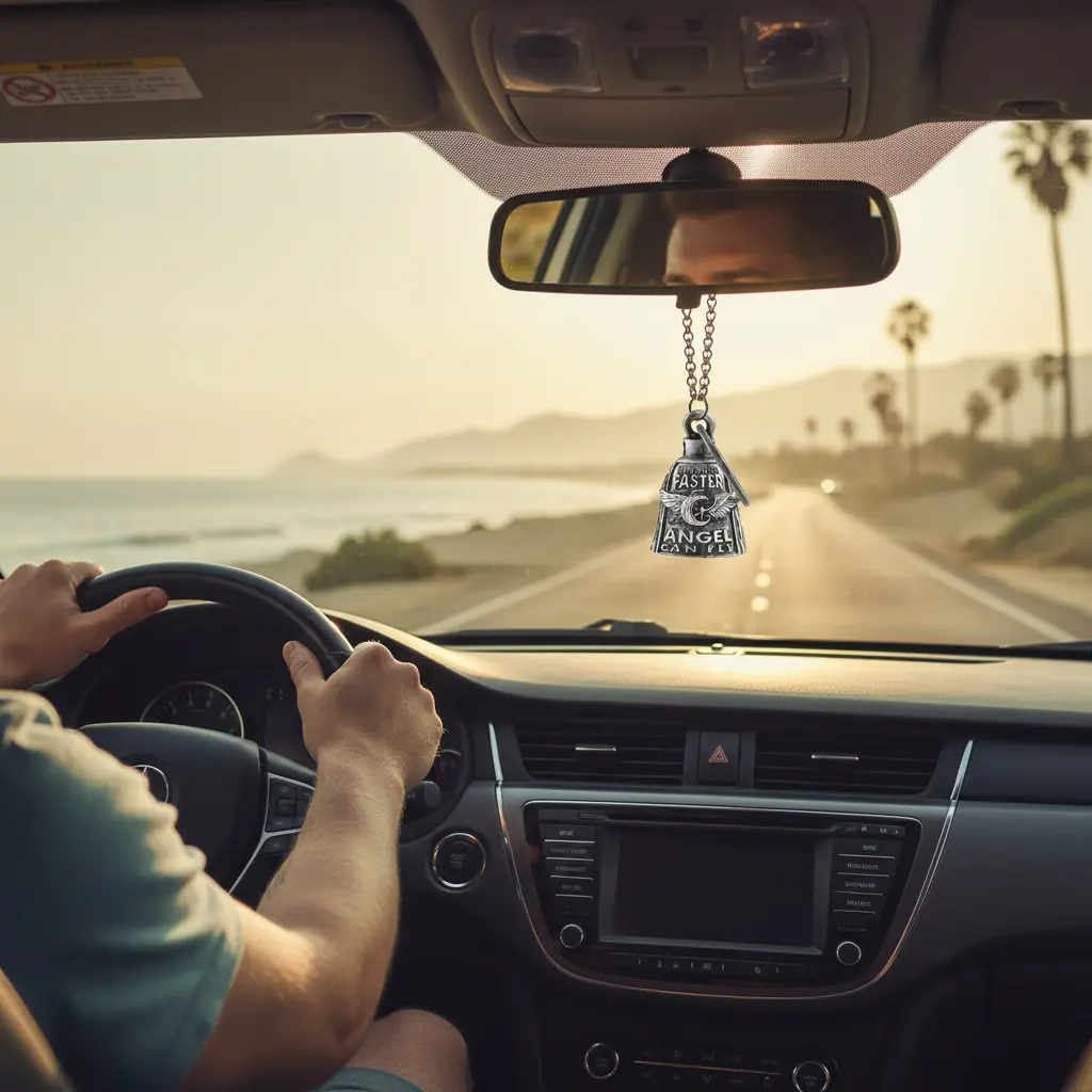 Guardian Bell - Angel-Inspired Metal Bell Charm Pendant, Car Rearview Mirror Hanging Decoration, Soft Ringer with Symbolic Sound, Key Ring & Connectors for Car/Motorcycle Riders