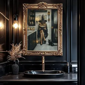 Witch And Black Cat Wall Art, Witch Reading Book in Bathroom Poster, Whimsigoth Home Decor, Witchy Bath Decor, Unframed, Room Decor