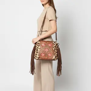 Women's Leopard Print Cowhide Crossbody Bag with Tooled Leather Pink Floral Inlay & Removable Fringe Accents