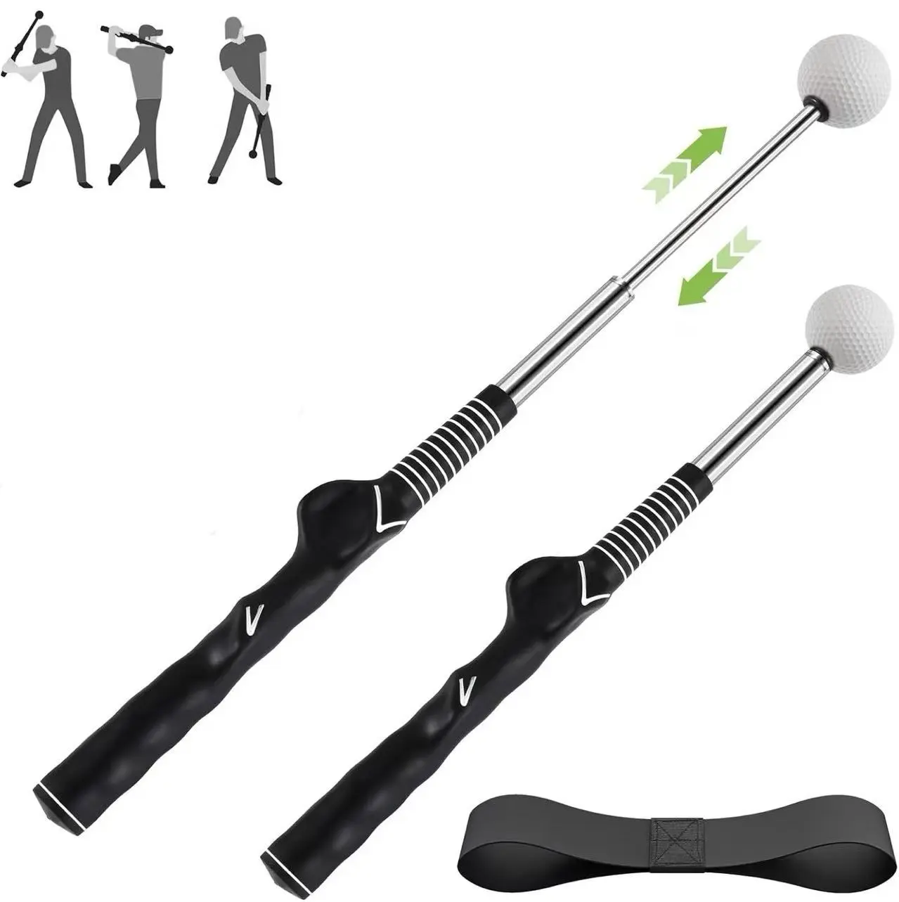Retractable Golf Swing Trainer, Golf Grip Trainer and Golf Training Aid for Chipping Hitting & Grip Correction, Golf Swing Practice Stick with Arm Band for Right Handed, Indoor/Outdoor