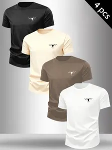Men's Classic Bull Print Round Neck Short Sleeve T-Shirt Set, Casual Comfortable Top for Fall Winter Outdoor Wear, 4 Piece Set