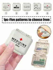 Mini 6-Compartment Portable Medicine Box, 6-Compartment Small Medicine Box, Beige Small Medicine Box (With Letters "Medicine", "Red Cross", "Stethoscope", "Meds" Pattern), Storage Box For 6 Days Of The Week, Travel Medicine Box, Medicine Organizer