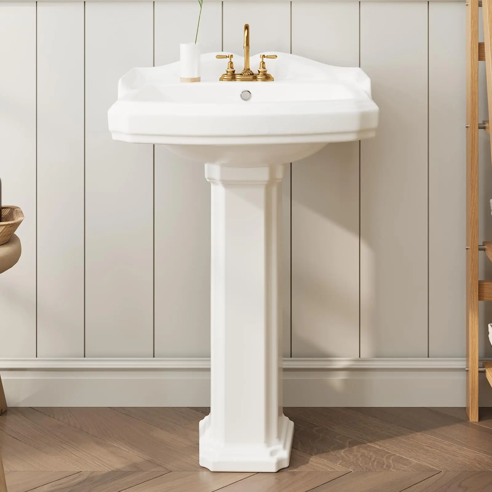 GARVEE Vintage White Ceramic Pedestal Sink: 23" W x 19" D, Scratch-Resistant, Easy to Clean, Overflow, 3 Pre-Drilled Holes, Fits 4-Inch or 8-Inch Faucets, Ideal for Compact Spaces and Small Bathrooms.