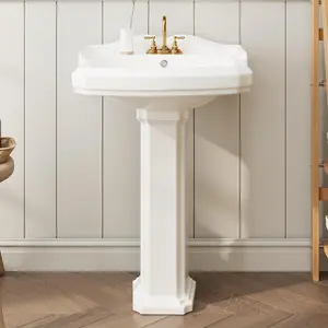 GARVEE Vintage White Ceramic Pedestal Sink: 23" W x 19" D, Scratch-Resistant, Easy to Clean, Overflow, 3 Pre-Drilled Holes, Fits 4-Inch or 8-Inch Faucets, Ideal for Compact Spaces and Small Bathrooms.