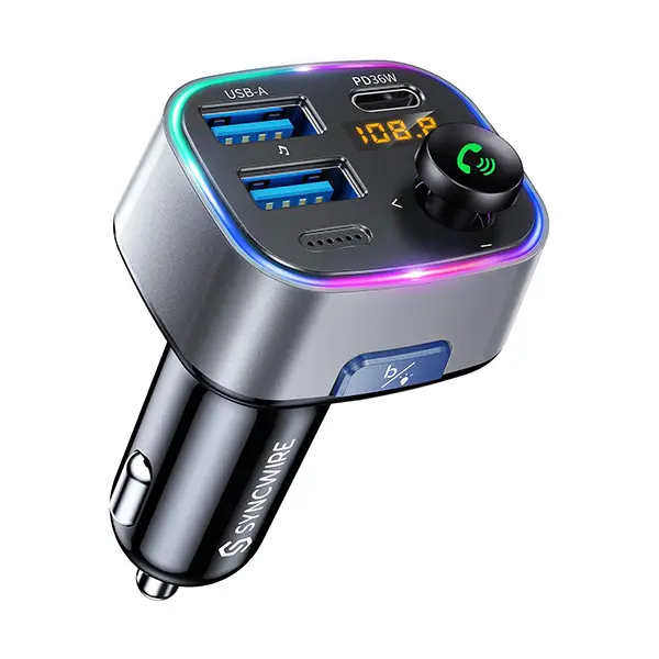 Syncwire Bluetooth 5.4 FM Transmitter Car Adapter with Light Switch, Hi-Fi Deep Bass, Fast Charging and Hands-Free Calling Support