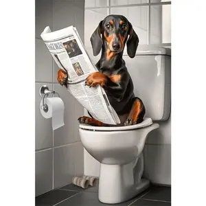 1PCS Funny Dachshund Reading Newspaper on Toilet Diamond Painting Kit DIY Rhinestone Embroidery Home Decor