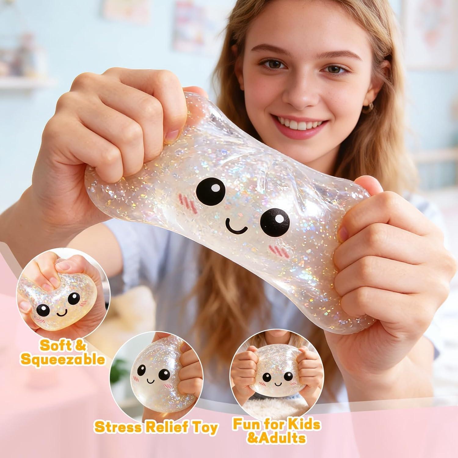 Glitter Dumpling Squishy with Steamer Box, Soft Sensory Squeeze Toy for Stress Relief, Mystery Glitter Dumplings, Decompression Dough