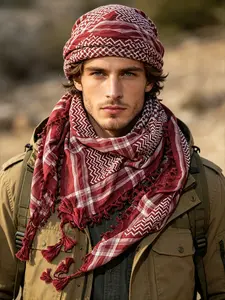 Red and white checkered fringe scarf Keffiyeh Desert Wrap Arabic geometric pattern headscarf Four-season warm head wrap shawl
